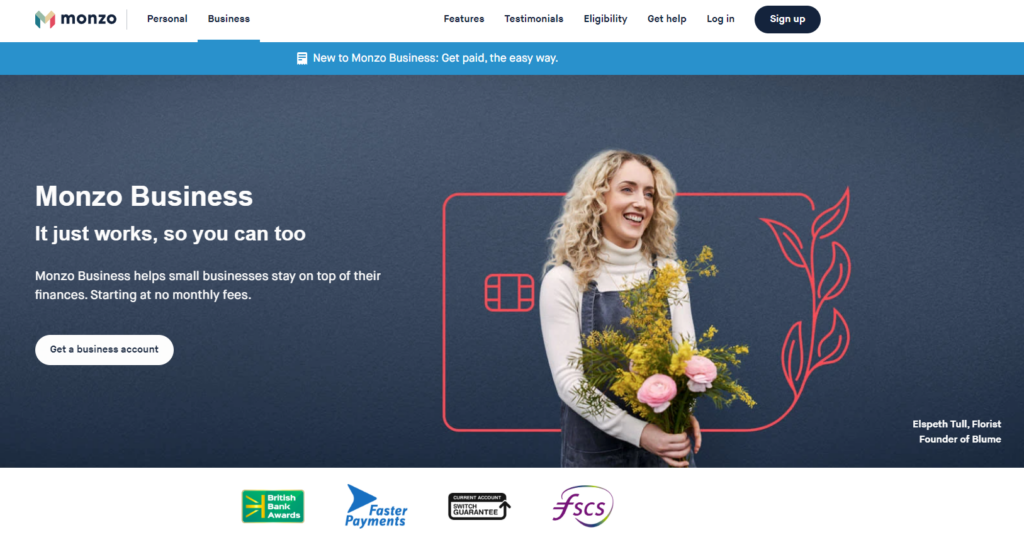Screenshot from monzo.co.uk showing Monzo Business